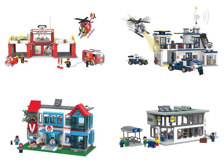 Zestawy typu Lego ze strażą pożarną, posterunkiem policji, kliniką weterynaryjną i supermarketem Lidl.