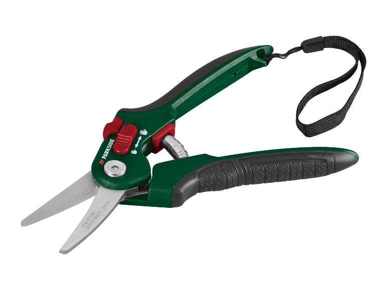 Nożyce do trawy Parkside z zielonymi uchwytami i czarnym paskiem na nadgarstek