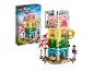 Zestaw LEGO Friends z kolorowym, wielopiętrowym budynkiem i postaciami.