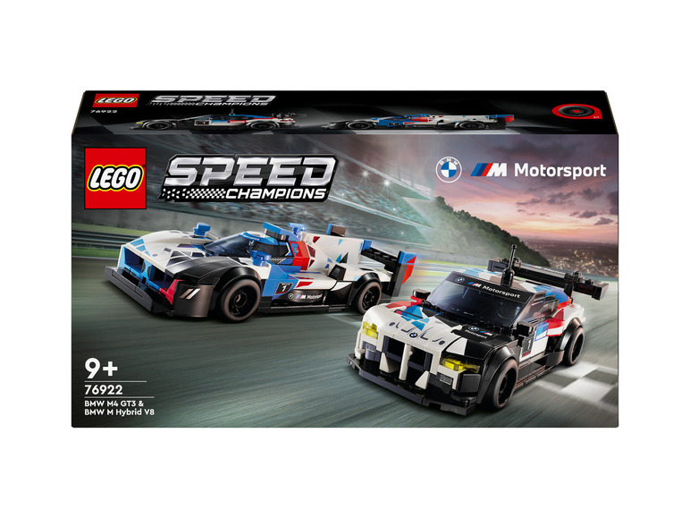 Zestaw LEGO Speed Champions z samochodami wyścigowymi BMW M4 GT3 i BMW M Hybrid V8.