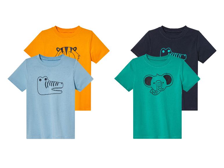 Cztery koszulki z nadrukiem zwierząt, w tym krokodyla, tygrysa, słonia i krokodyla.
