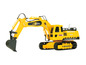 Żółta zabawka koparka J-Matic z czarnym łyżką.