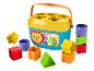 Sorter kształtów Fisher-Price z kolorowymi klockami i ilustracjami zwierząt.