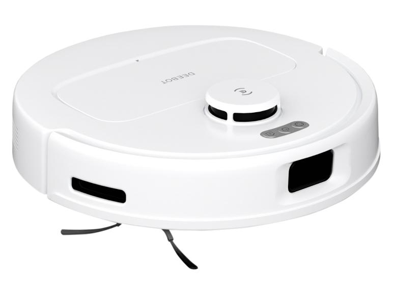 Biały robot odkurzający z okrągłą obudową i wystającymi szczotkami bocznymi.