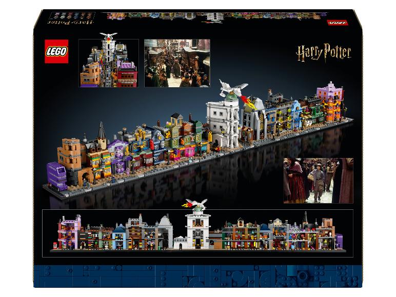 Zestaw LEGO Harry Potter Ulica Pokątna ze sceną uliczną i detalami wnętrza.