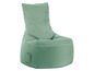 Zielony fotel typu beanbag z białą lamówką.