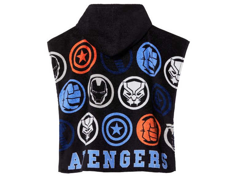 Czarny szlafrok z kapturem z logo Avengers.