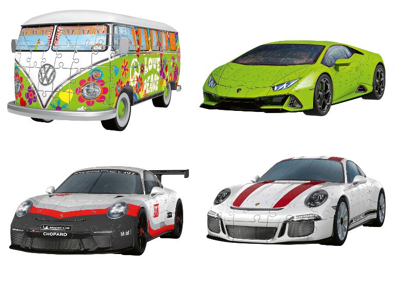 Cztery puzzle 3D z samochodami: bus VW, zielone Lamborghini i dwa Porsche.