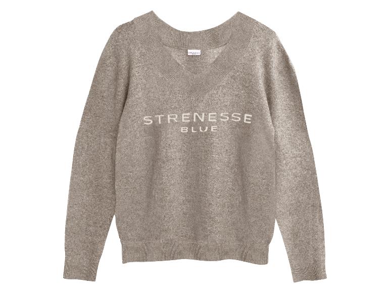 Jasnobrązowy sweter z dekoltem w serek z napisem STRENESSE BLUE