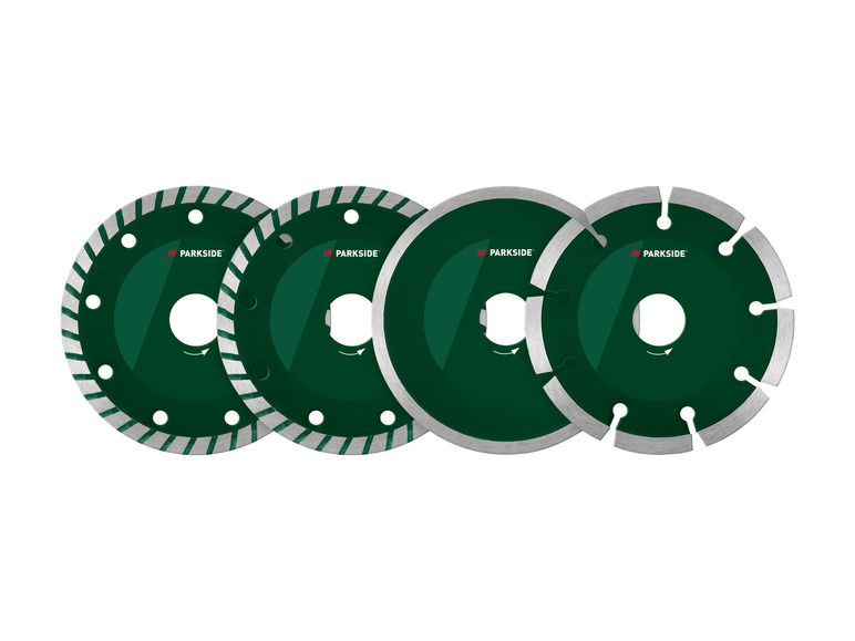 Cztery tarcze diamentowe Parkside do cięcia kamienia i betonu.