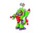 Zielono-czerwony robot-zabawka z małą figurką w środku, na białym tle.