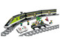 Zestaw LEGO z zielonym pociągiem szybkobieżnym, torami i pilotem.