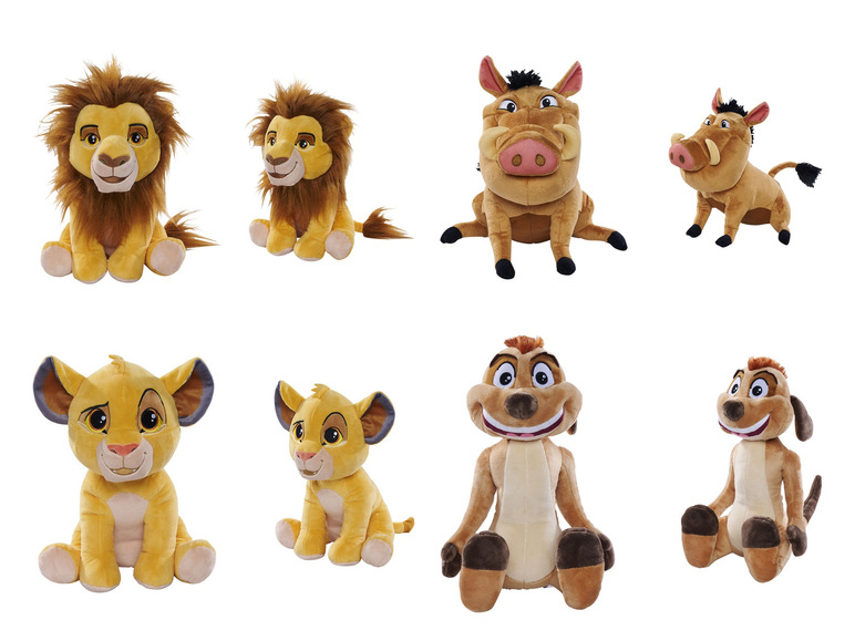 Pluszowe zabawki z Króla Lwa, w tym Simba, Pumbaa i Timon.