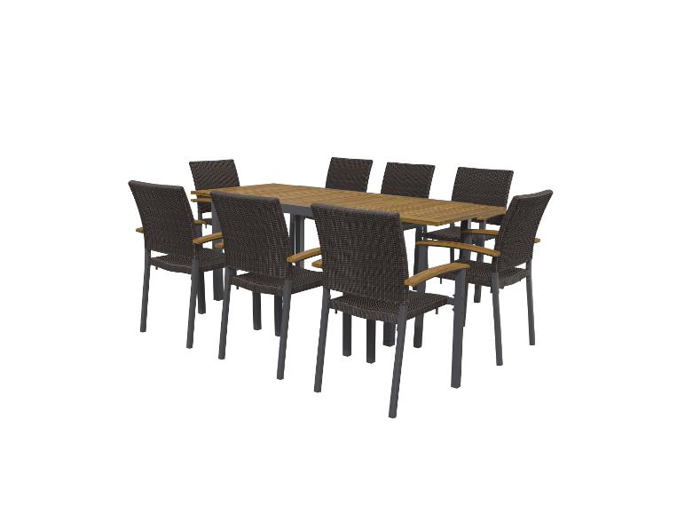 Zestaw stołu i krzeseł z technorattanu, blat drewniany.