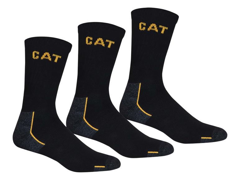 Trzy czarne skarpety CAT z żółtymi detalami i logo.