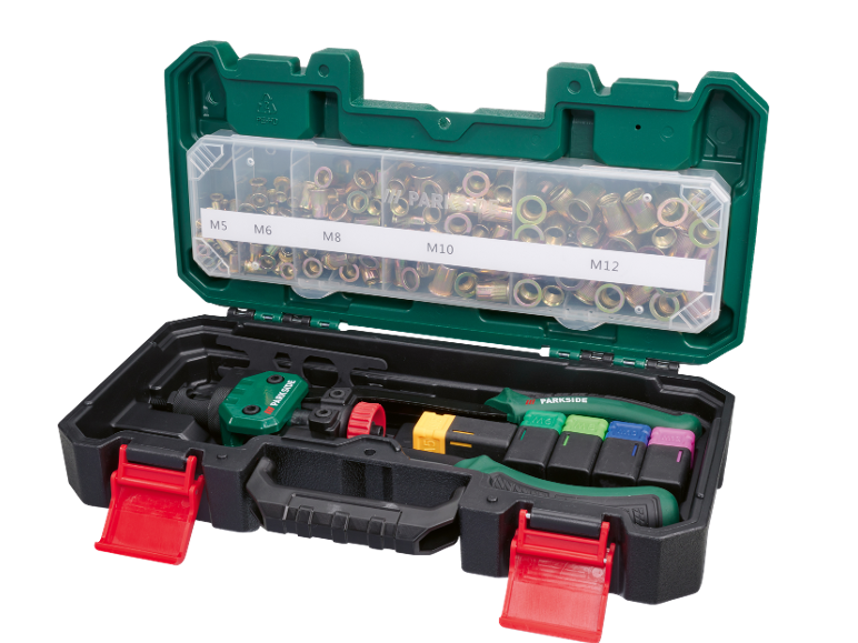 Zestaw narzędzi do nitowania z nakrętkami nitowymi i różnymi rozmiarami nitów M5-M12 w walizce.