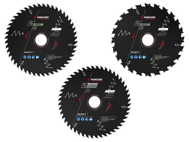 Trzy tarcze tnące Parkside Performance: dwie do drewna (24T, 48T) i jedna do aluminium (54T).