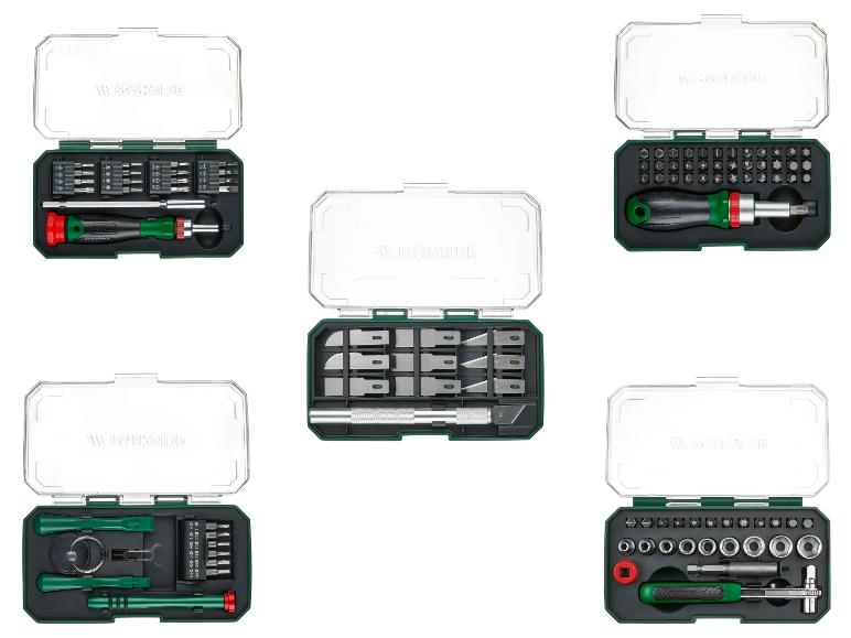 Cztery zestawy narzędzi Bakside z wkrętakami, nożami i bitami.