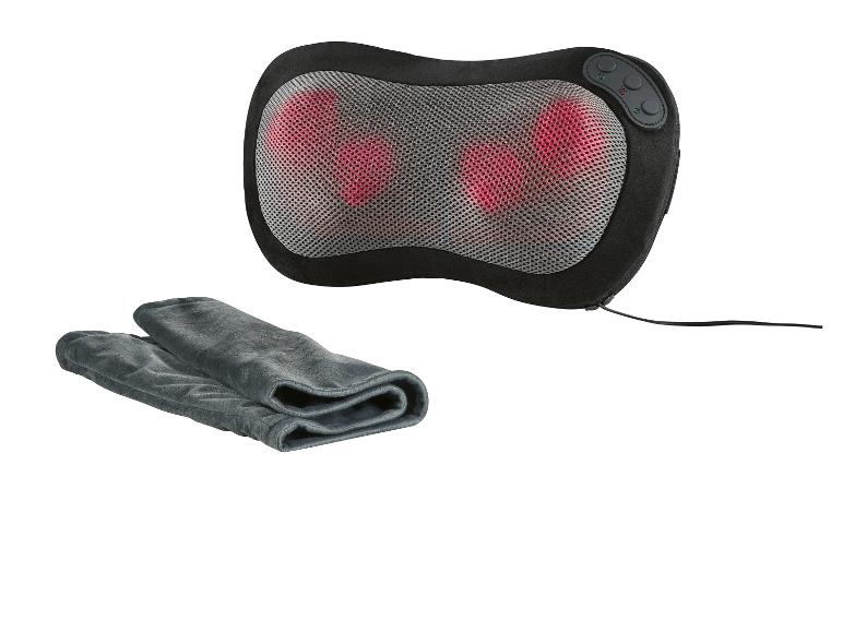 Czarna poduszka do masażu z funkcją grzania i szary polarowy pokrowiec.