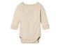 Beżowy body dla niemowląt z długimi rękawami.