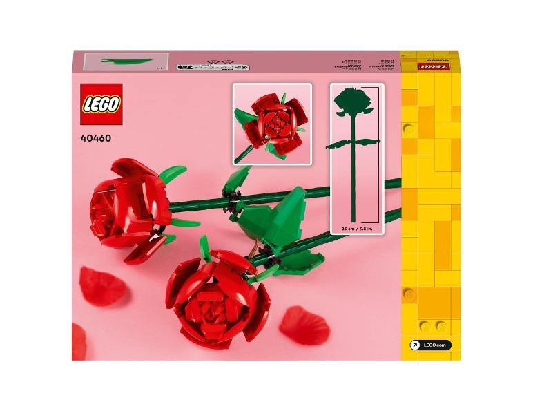 Pudełko LEGO z dwoma czerwonymi różami i liśćmi.