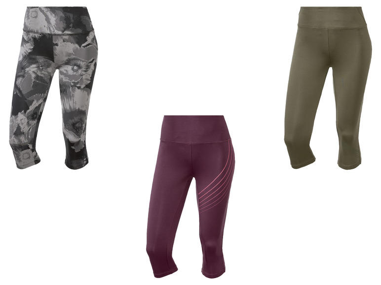 Trzy capri legginsy: jedne w kwiatowy wzór, jedne w paski i jedne jednokolorowe zielone.