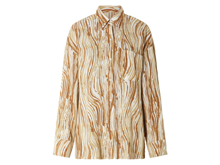 Biała koszula z długimi rękawami w brązowy, falisty wzór.