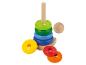 Drewniana zabawka do układania z kolorowymi pierścieniami i kulą.