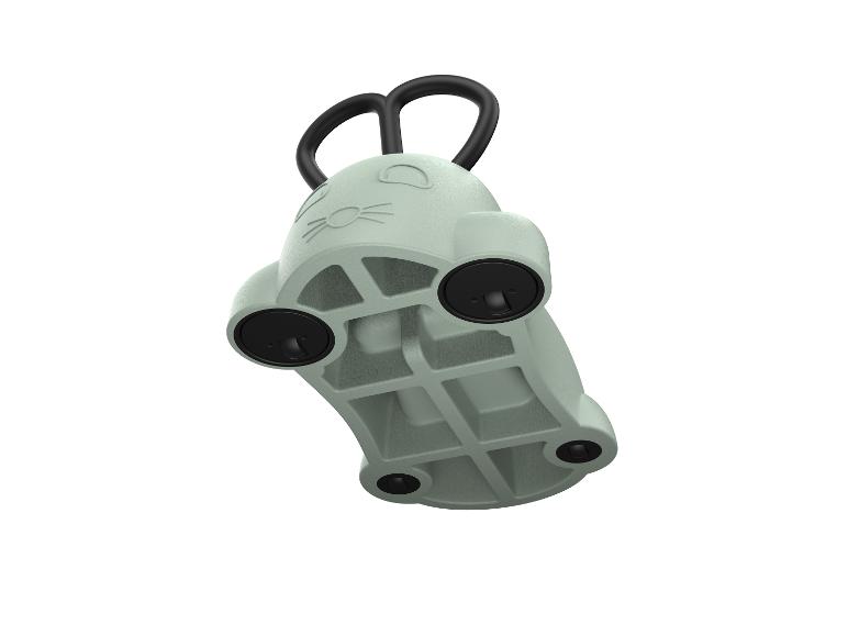 Jasnozielony kettlebell dla dzieci w kształcie kota z czarnym uchwytem.