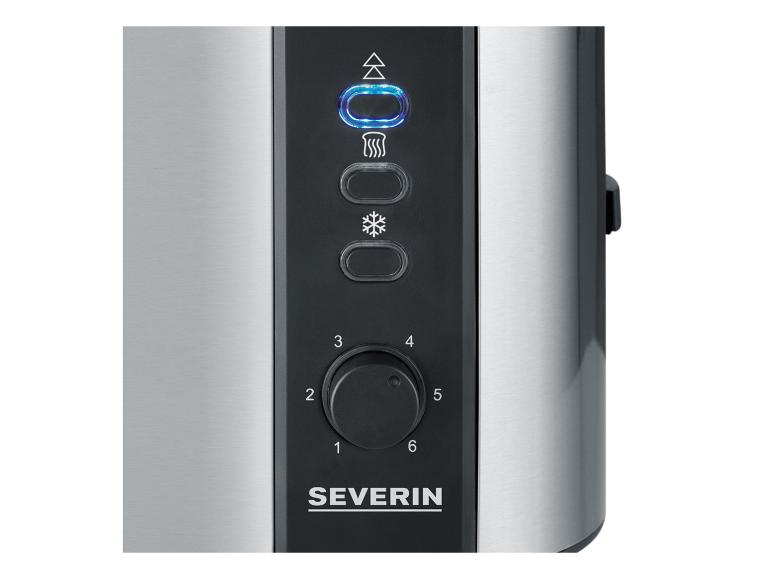 Panel sterowania tostera Severin ze srebrnym wykończeniem, pokrętłem i podświetlanymi przyciskami.