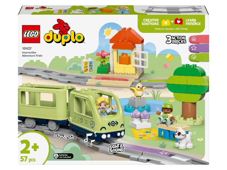 Pudełko LEGO Duplo z interaktywnym pociągiem przygodowym i akcesoriami.