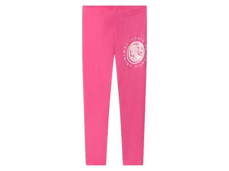 Różowe legginsy z logo Barbie i napisem „ICONIC ORIGINAL AUTHENTIC”.