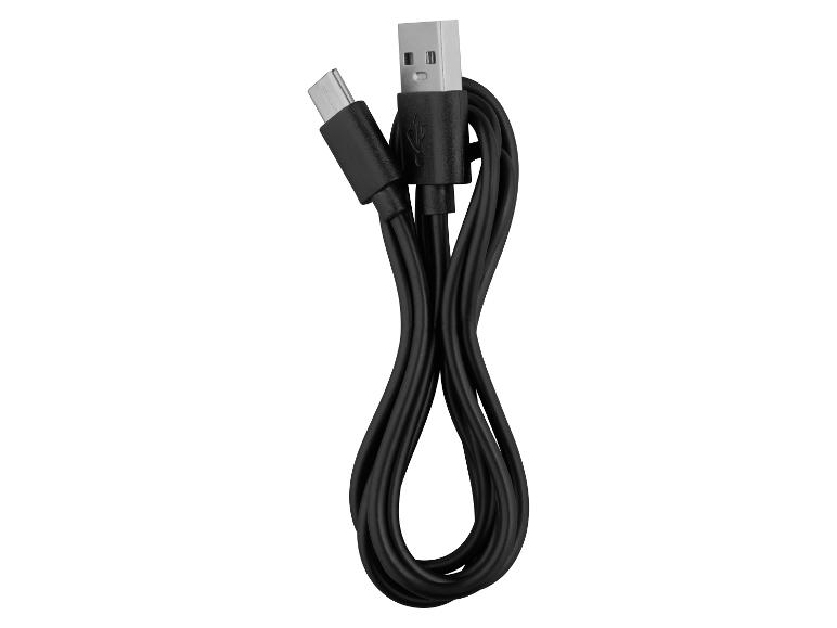 Czarny kabel ładujący USB-C z wtyczką USB-A, zwinięty w kształt ósemki.