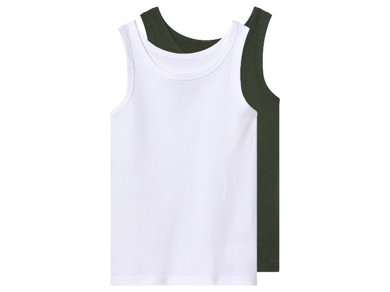 Dwa tank topy, jeden biały i jeden oliwkowy.