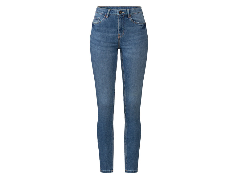 Damski jeans w kolorze niebieskim, dopasowany.