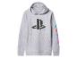 Szara bluza z kapturem z logo PlayStation i kolorowymi symbolami na rękawie.