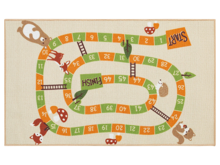 Dywan z dziecięcą grą z obrazkami zwierząt: wiewiórka, lis, niedźwiedź i jeleń.