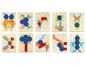 10 drewnianych puzzli z kolorowymi geometrycznymi kształtami przedstawiającymi zwierzęta i przedmioty.