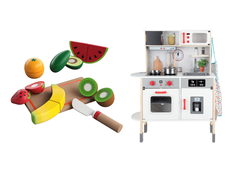 Pełny ekran: Kuchnia drewniana do zabawy z akcesoriami oraz zestawem owoców, 1 zestaw - zdjęcie 1