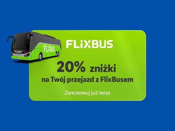 Zielony autobus na tle niebieskiego tła z napisem „20% zniżki na Twój przejazd”.