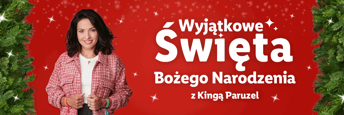 Świąteczne życzenia od Kingi Paruzel, choinka i świąteczna atmosfera.