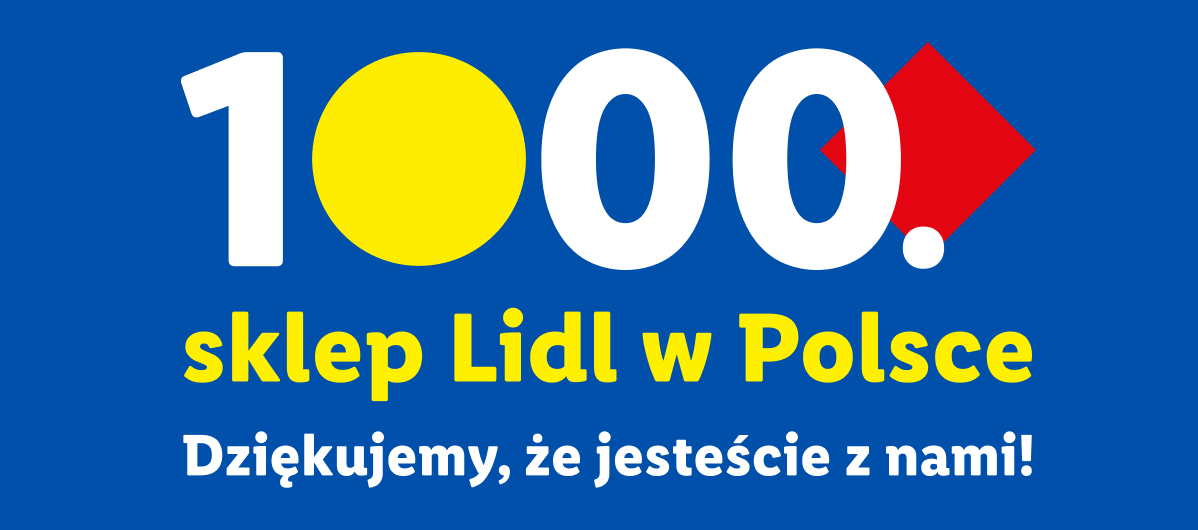 Niebieski baner z napisem „1000. sklep w Polsce” i „Dziękujemy, że jesteście z nami!”