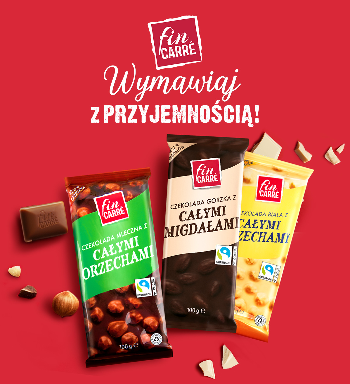 Czekolady Fin Carré: mleczna z orzechami laskowymi, gorzka z migdałami, biała z orzechami laskowymi.