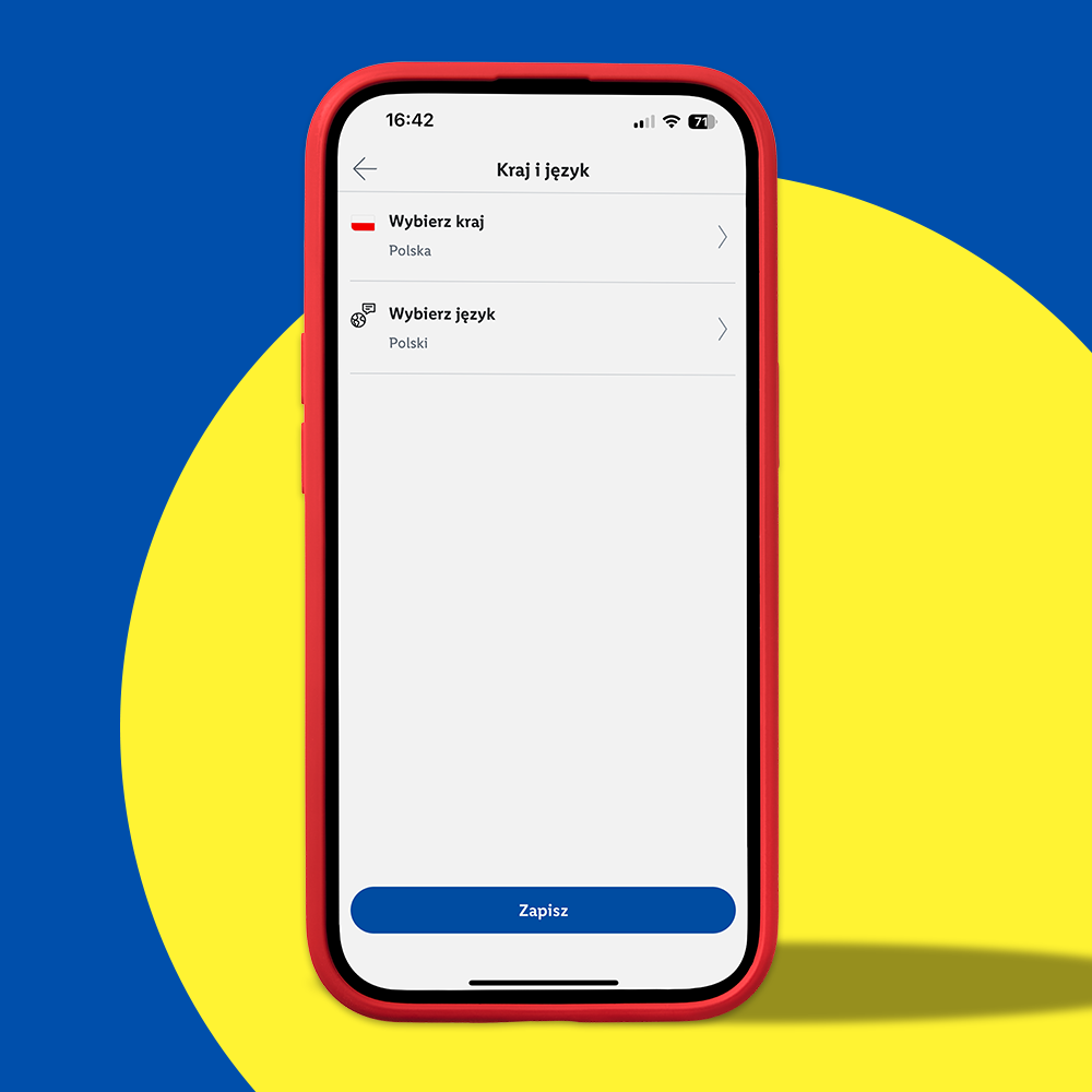 Smartfon z otwartą aplikacją do wyboru kraju i języka, na tle w kolorach niebieskim i żółtym.