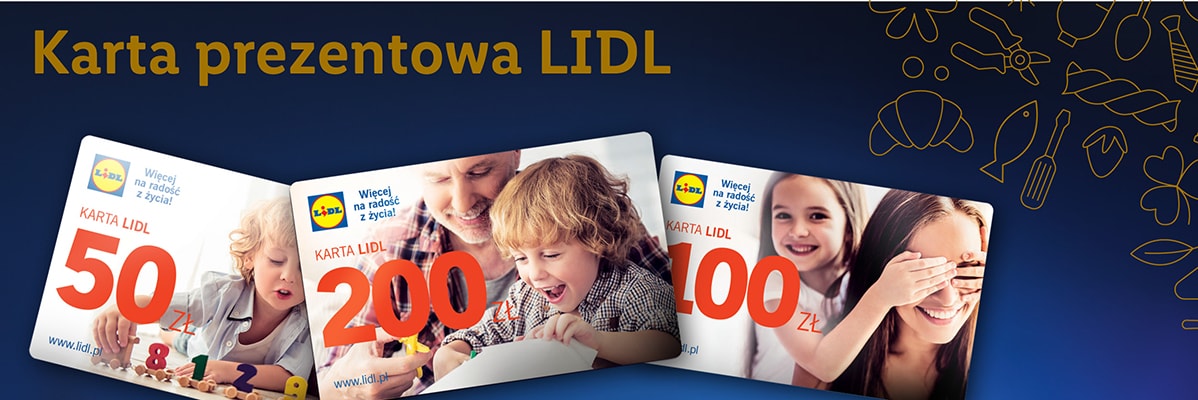 Karty podarunkowe LIDL o wartości 50, 100 i 200 zł.