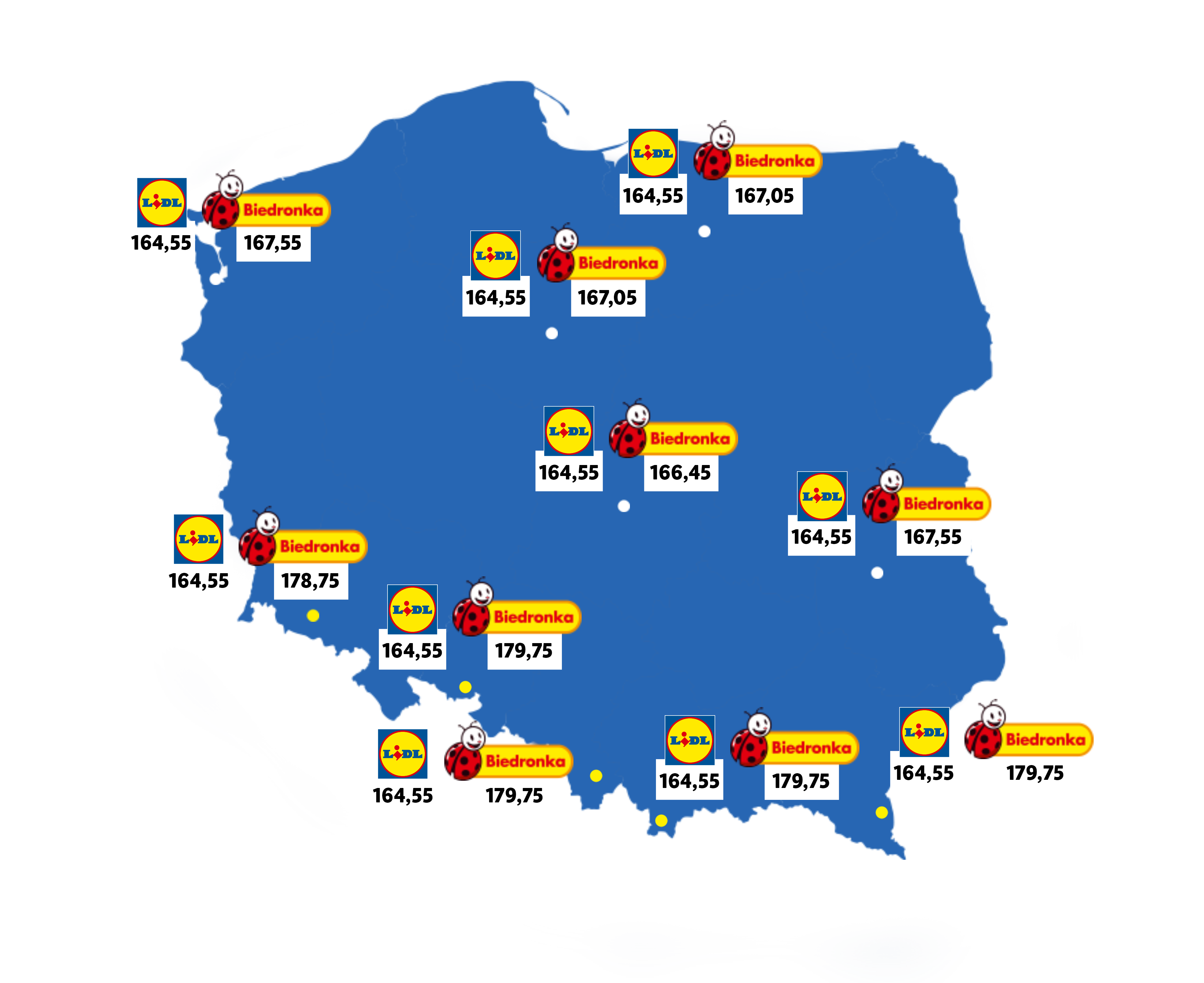 Mapa Polish z porównaniem cen w sklepach Lidl i Biedronka.