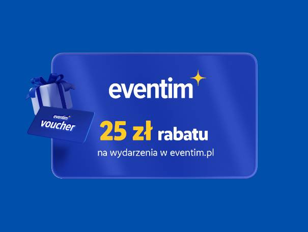 Niebieska karta podarunkowa z napisem „voucher” i prezentem, oferująca 25 zł rabatu na wydarzenia.