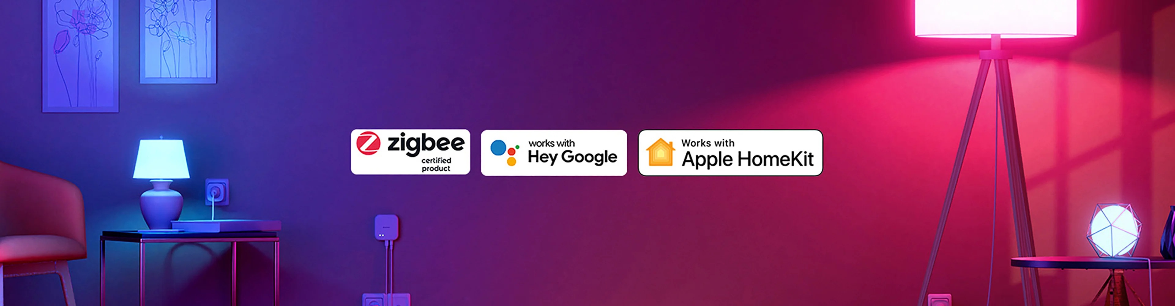 Inteligentne oświetlenie w pokoju, z logo Zigbee, Hey Google i Apple HomeKit.