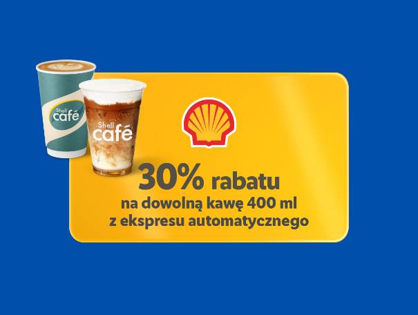 Dwa kubki kawy, jeden gorący, drugi mrożony, z napisem „30% rabatu na dowolną kawę 400 ml z ekspresu automatycznego”.
