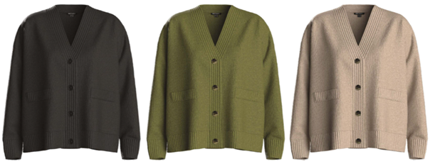Trzy rozpinane swetry w kolorach: ciemnoszarym, oliwkowym i beżowym.